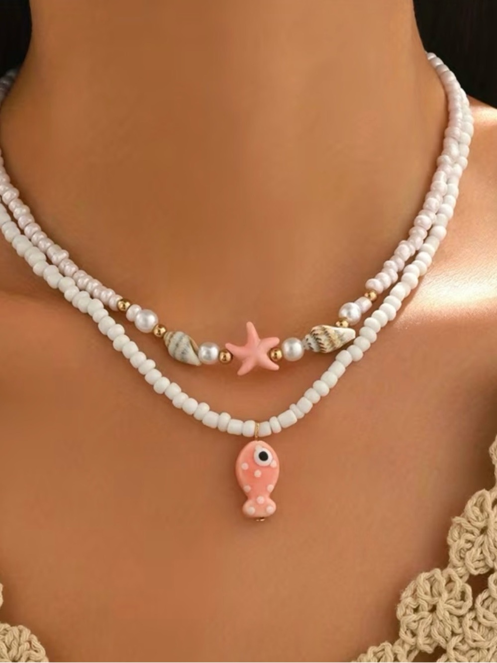 Pink Starfish & Fish Layered Beaded Necklace - Women Jewelry